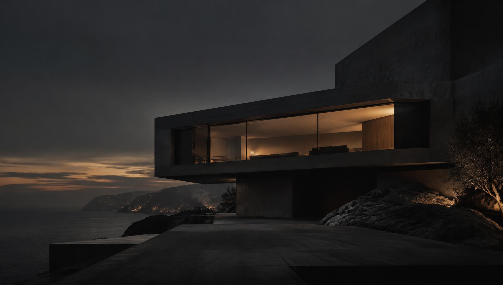 Modern concrete residence at dusk with a warmly lit window